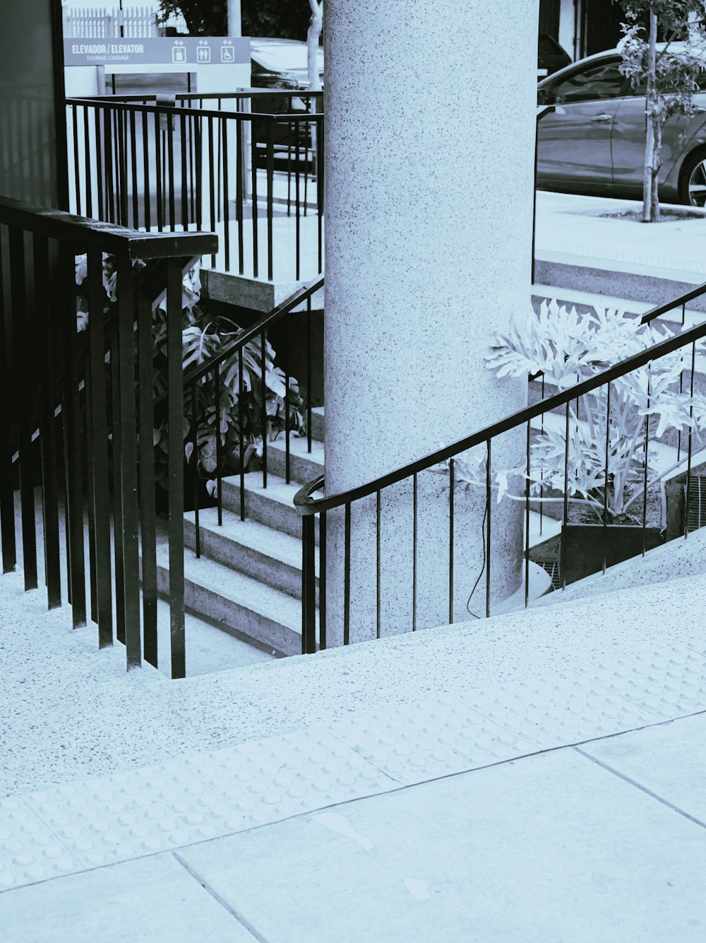 a snow covered stairway