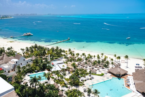 a resort with a pool and a beach with palm trees