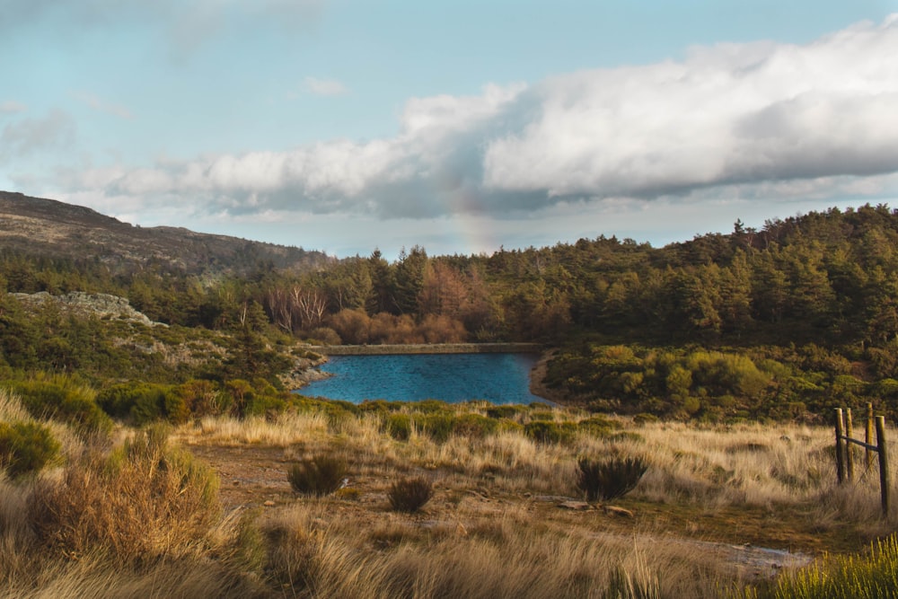 a lake surrounded by trees and hills