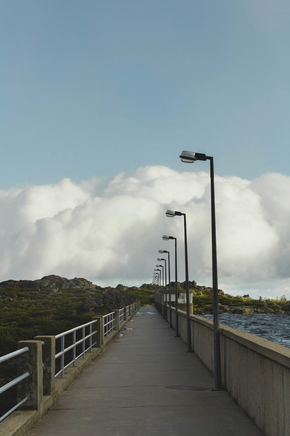 a boardwalk with street lights and a body of water in the background