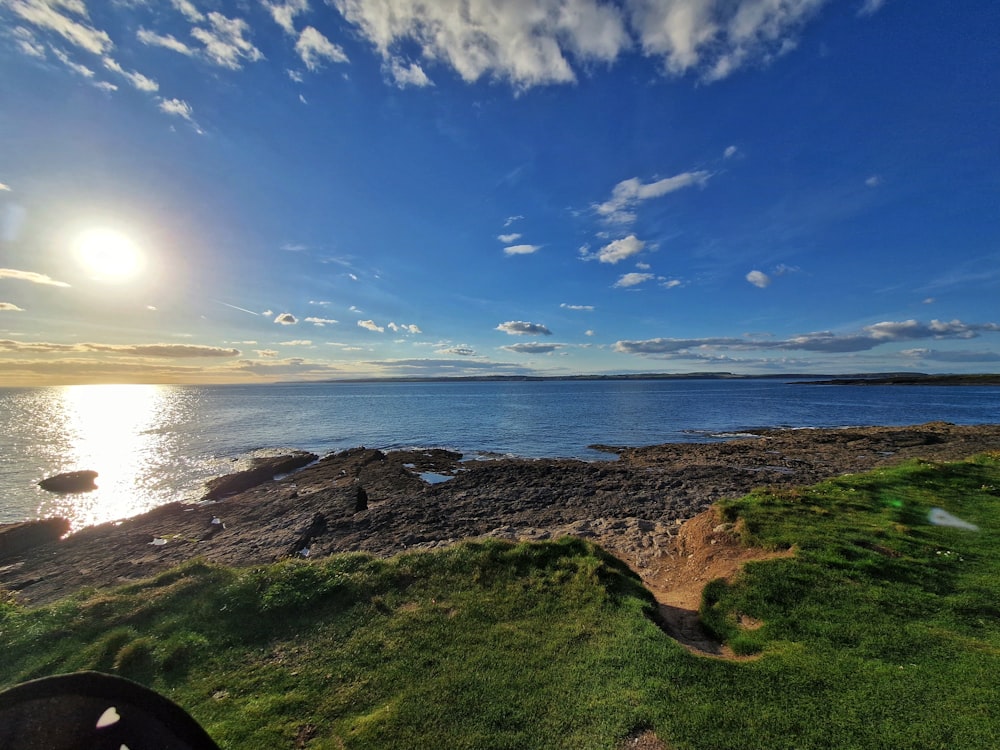 a body of water with grass and rocks on the side