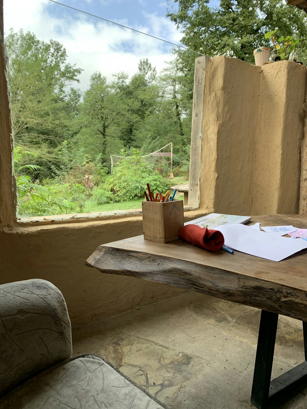 a table with a book and a bag on it