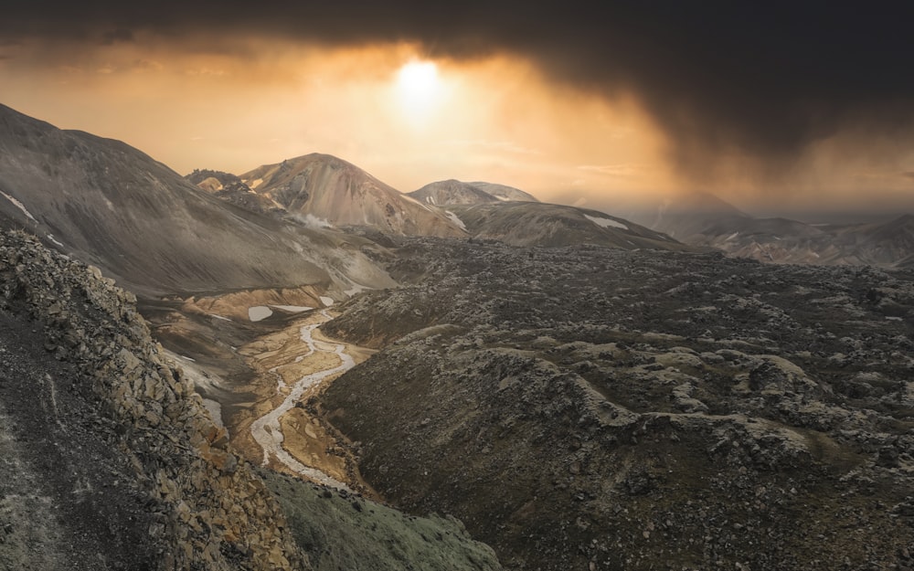 a valley with mountains and a river