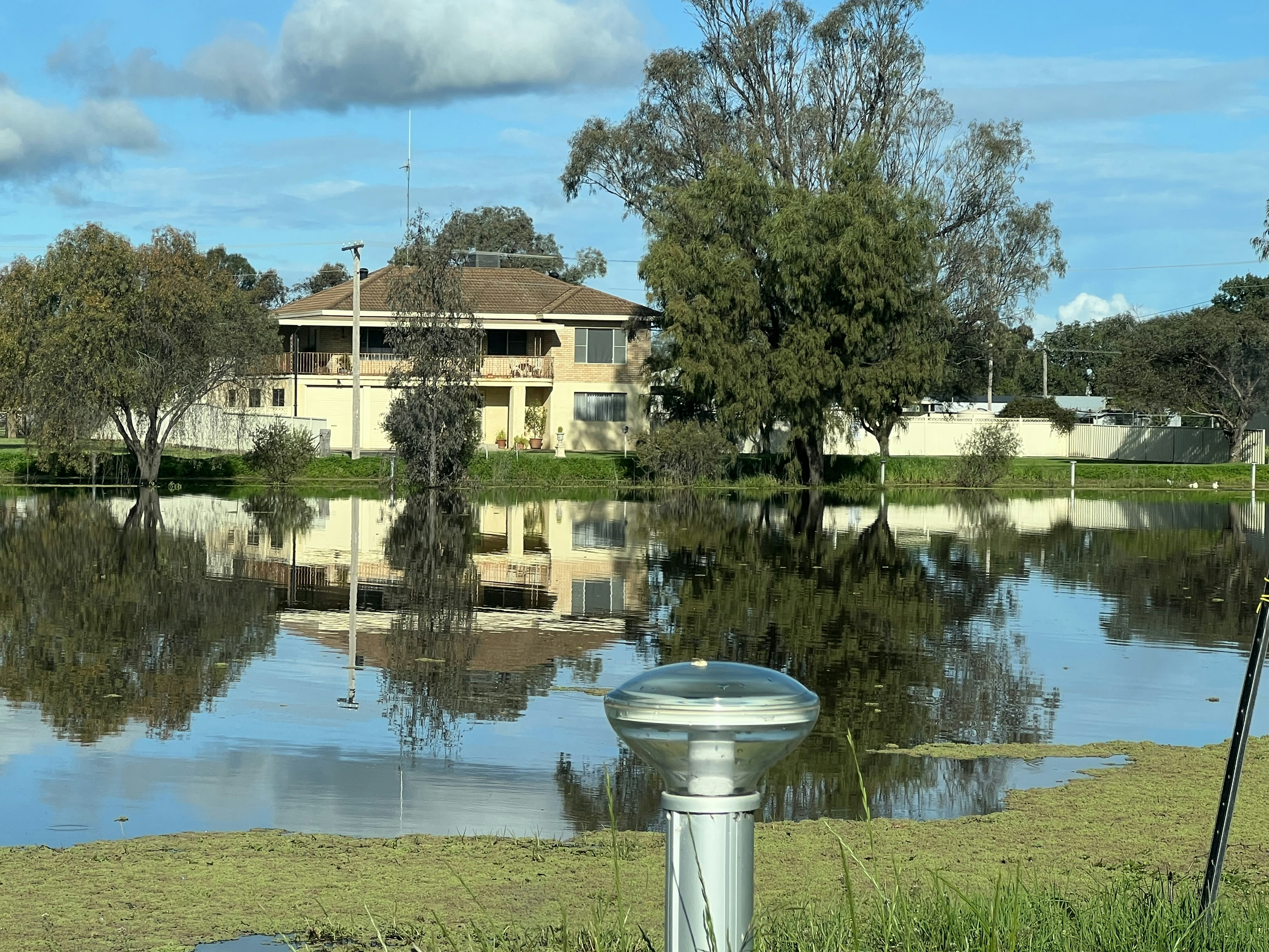 Un estanque con una casa al fondo