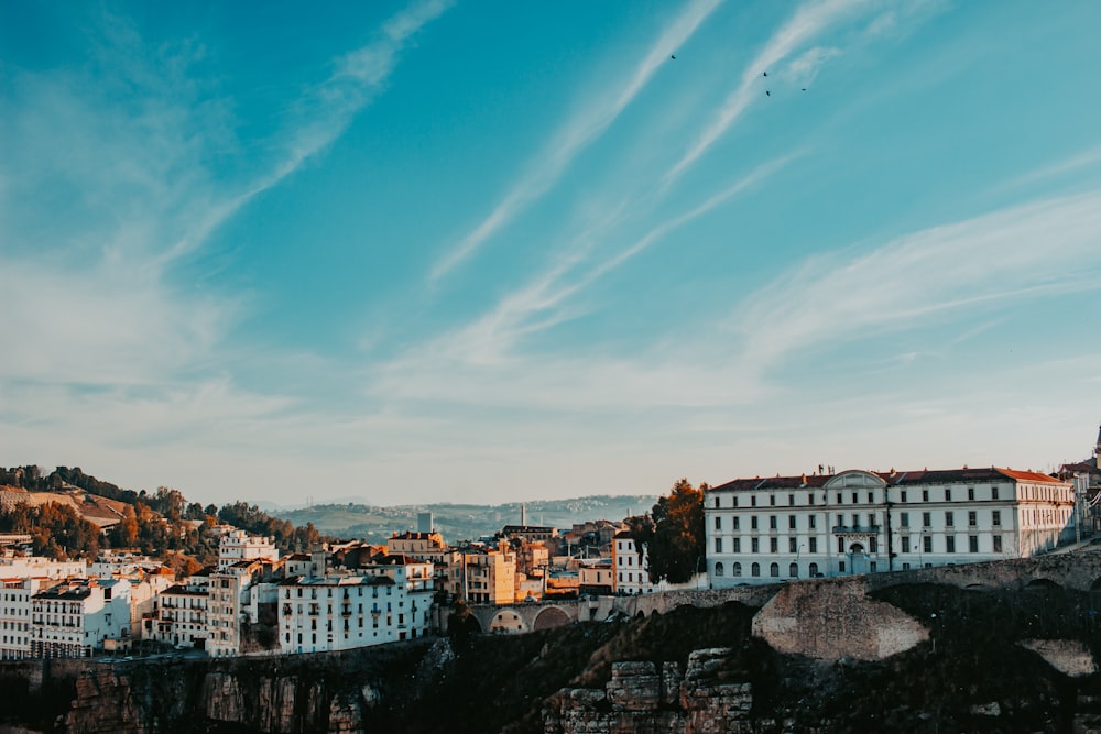 a city with a blue sky