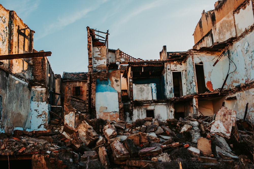 a destroyed building with debris all over it