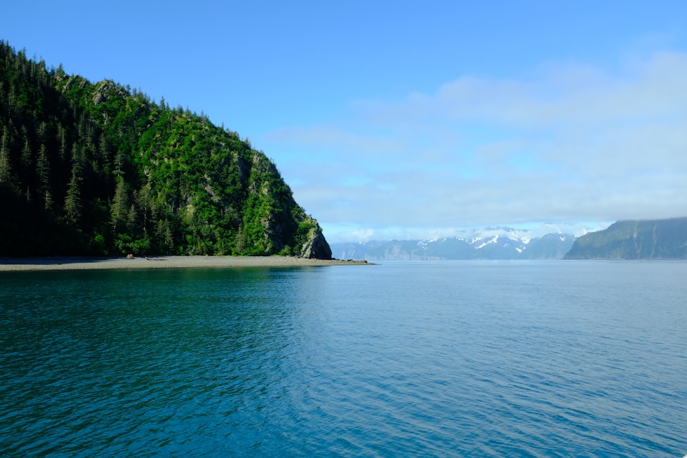 a body of water with trees and mountains in the background