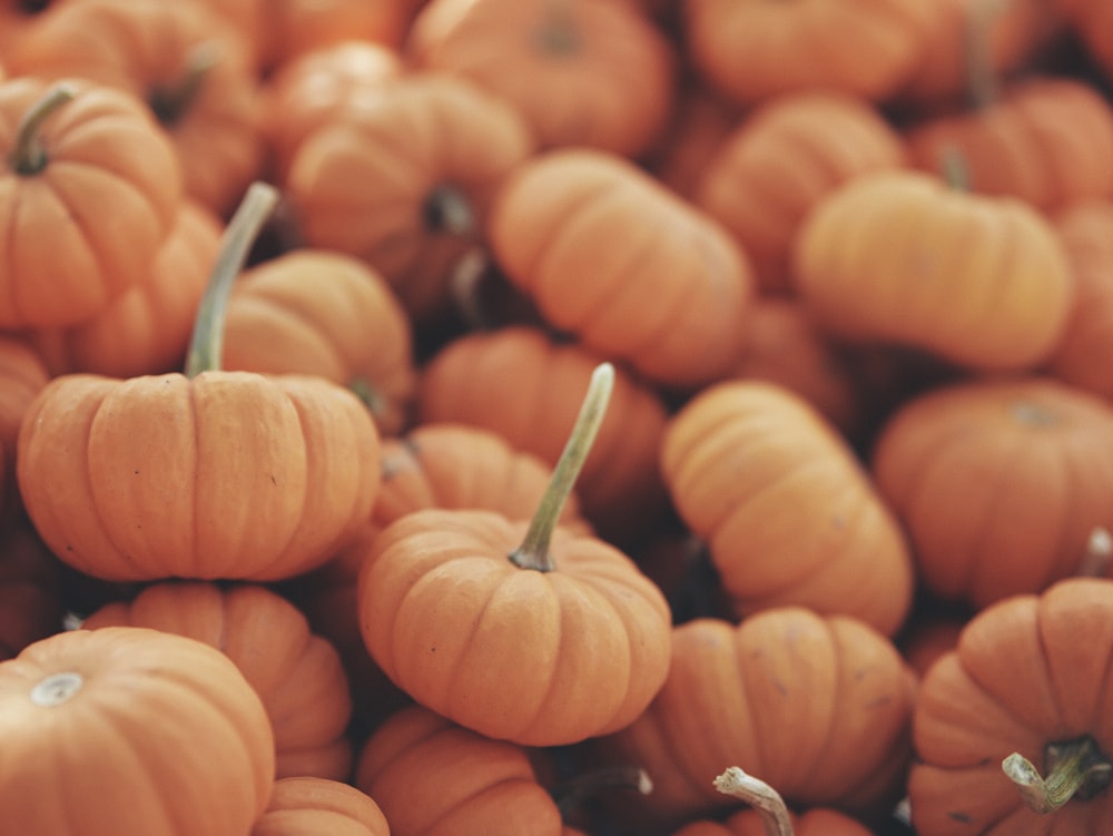 a pile of orange and yellow pumpkins