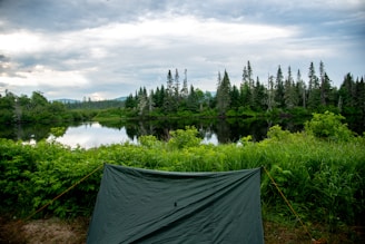 A serene landscape featuring a reflective body of water surrounded by dense greenery and tall evergreen trees. In the foreground, a green canvas tent is partially visible, pitched on lush grass. The sky is overcast, with clouds indicating overcast weather.