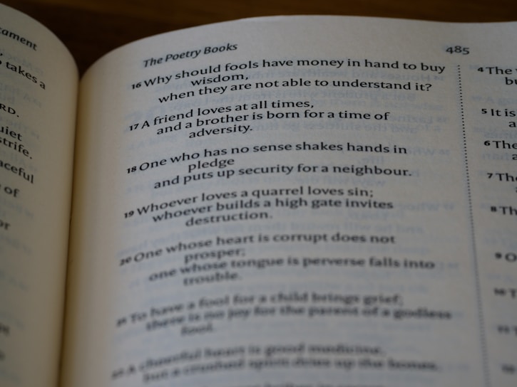 A close-up view of an open book displaying text from a section titled 'The Poetry Books.' Verses are numbered sequentially from 16 to 20 on the page, discussing themes of wisdom, friendship, and morality. The page number is visible in the top right corner, indicating 485.