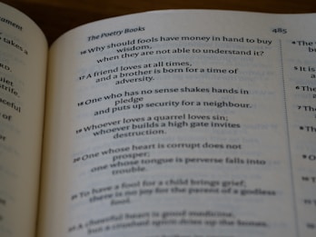 A close-up view of an open book displaying text from a section titled 'The Poetry Books.' Verses are numbered sequentially from 16 to 20 on the page, discussing themes of wisdom, friendship, and morality. The page number is visible in the top right corner, indicating 485.