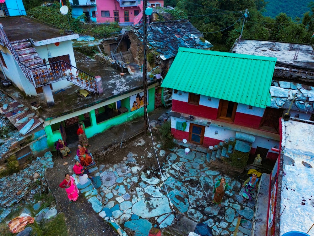 a group of people working on a house