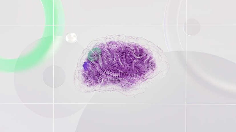 3D rendering of a stylized purple brain on a geometric background, symbolizing neuroscience 
