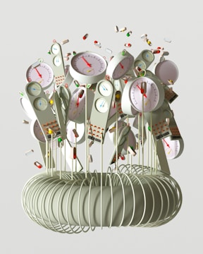 A collection of devices resembling clocks or gauges with colored indicators is attached to long, thin rods emerging from a coil structure. The devices have dials with red needles and various numerical scales. Surrounding the devices are individual pills and capsules floating through the air, giving a sense of motion.
