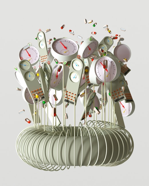 A collection of devices resembling clocks or gauges with colored indicators is attached to long, thin rods emerging from a coil structure. The devices have dials with red needles and various numerical scales. Surrounding the devices are individual pills and capsules floating through the air, giving a sense of motion.