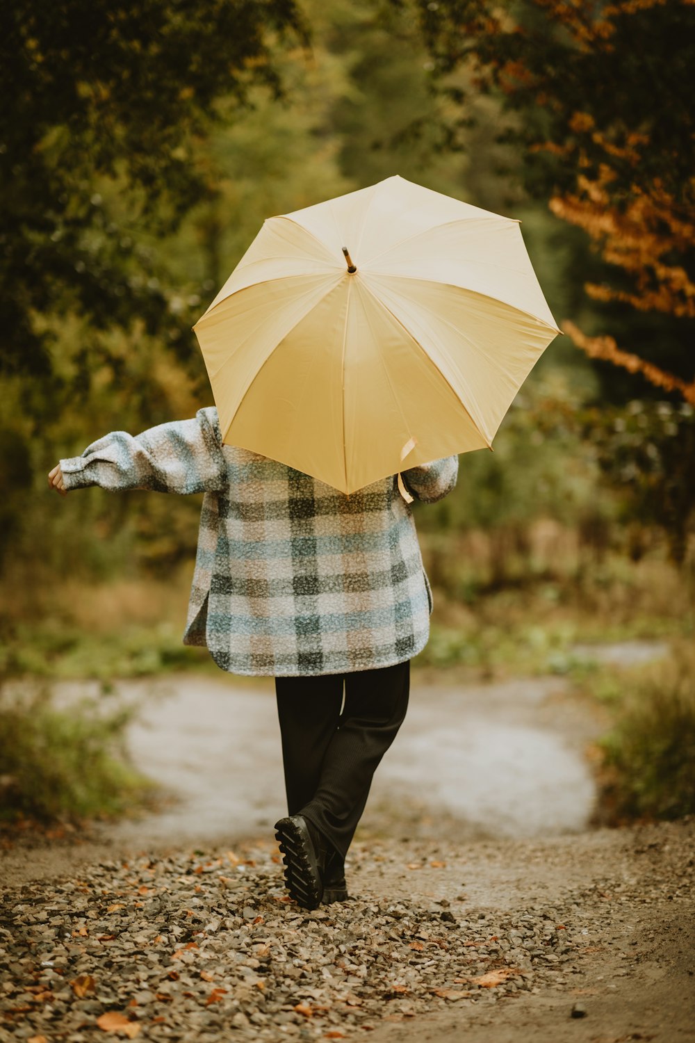 a person walking down a path with an umbrella