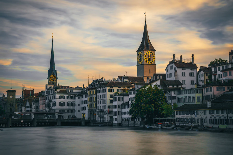 St Peter’s clock tower above the Limmat in Zurich