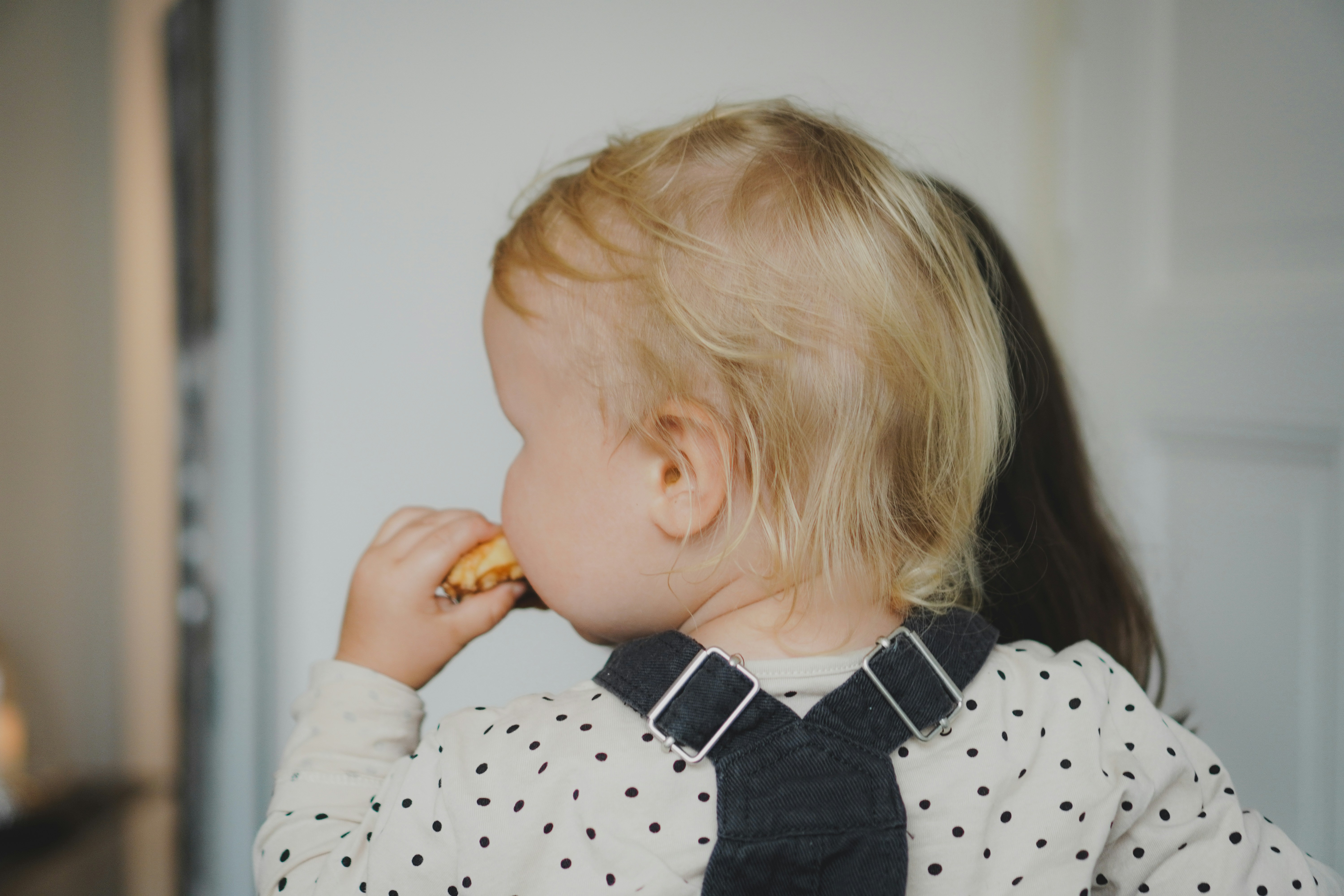 a little girl eating a hot dog