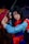 A person cosplaying as a warrior character, holding a sword with both hands. They are wearing a traditional outfit with a blue tunic, red sash, and patterned red scarf. A small red dragon toy is attached to their arm. The background features other people and appears to be a crowded indoor event.