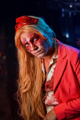 A person dressed in a striking, horror-themed costume with intricate face makeup resembling wounds. They wear a bright red jacket over a similarly stained shirt and have long blonde hair. A red hat or accessory is on their head, complementing the rest of the outfit.