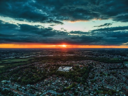 a city with a sunset