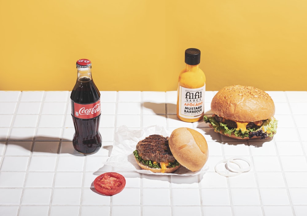 a plate of food and bottles