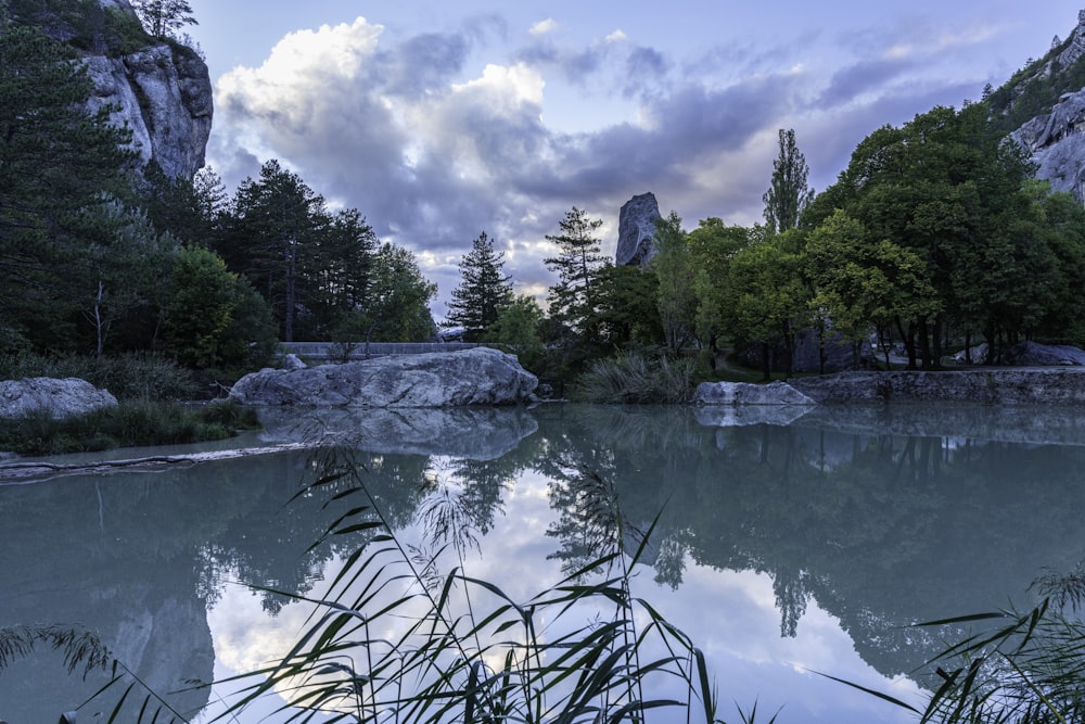 a lake surrounded by trees and rocks