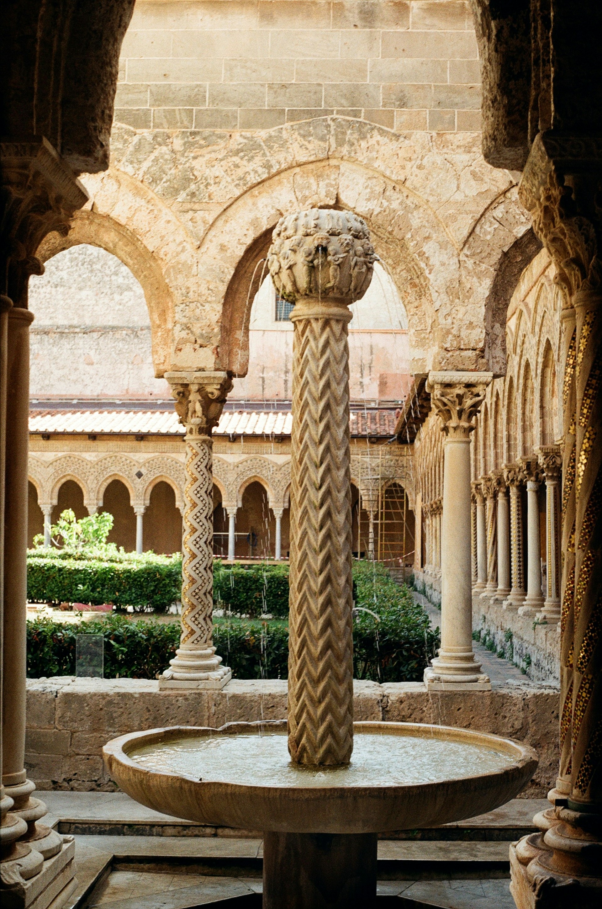 a fountain in a courtyard