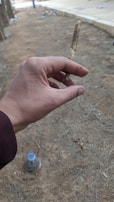 A hand holds a slender, patterned object, possibly a rolled smoking item. The background is an outdoor area with dry, patchy grass and a plastic bottle on the ground. The image captures the earth tones of the surroundings and the relaxed posture of the hand.