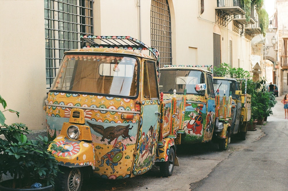 a row of colorful cars