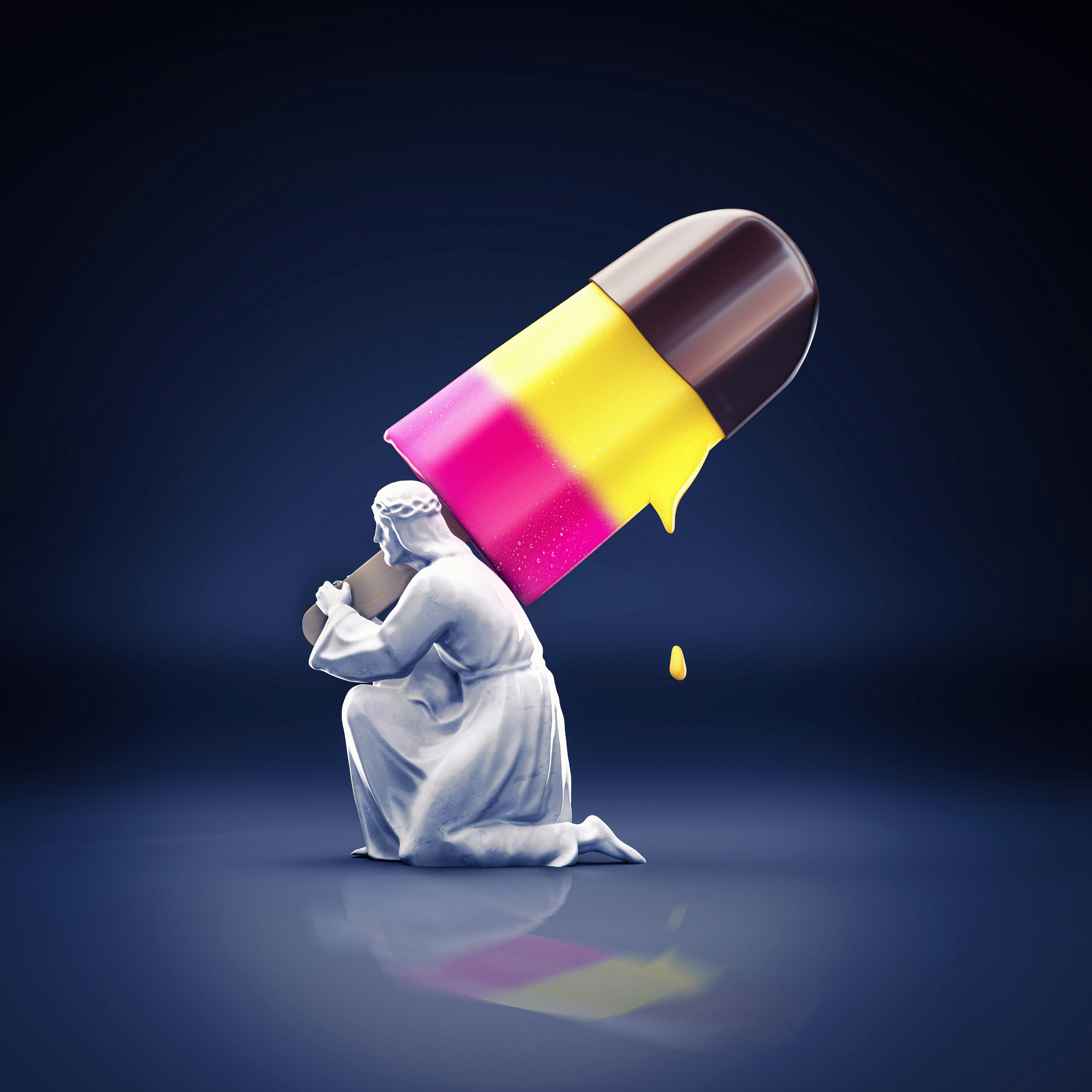 Eine Statue einer Person, die ein regenbogenfarbenes Objekt hält