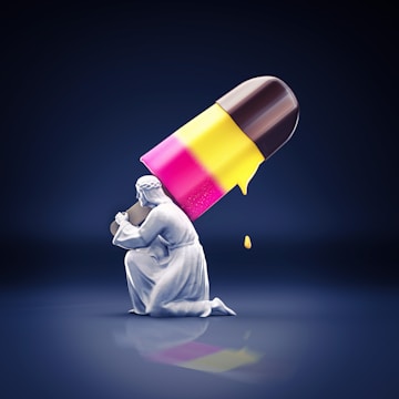 A marble-like statue of a kneeling figure holding a large, colorful popsicle that appears to be melting. The popsicle has three segments in brown, yellow, and pink colors, and a single yellow drop is about to fall. The background is a dark gradient, emphasizing the surreal and whimsical composition.