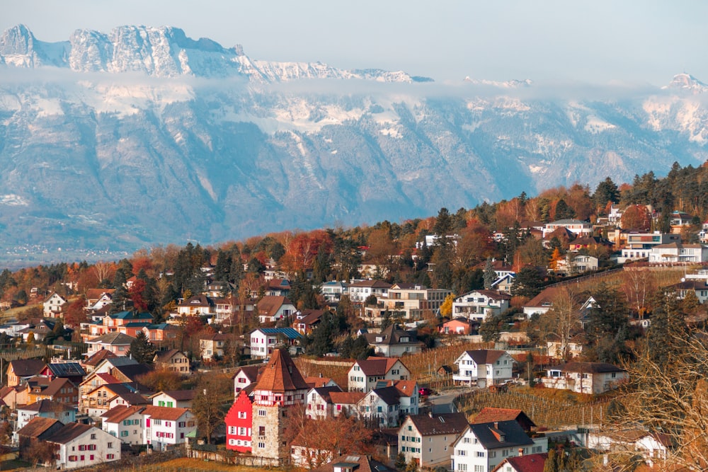 a town in front of a mountain