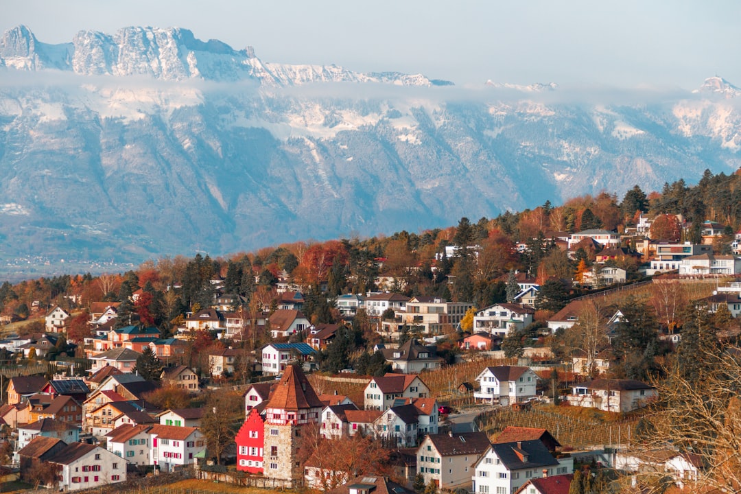 a town in front of a mountain,