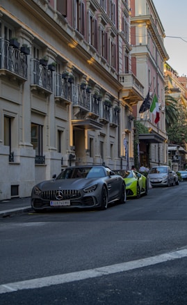 A street scene with luxury cars parked along the curb. The building features classic architecture with ornate balconies and a row of potted plants. Flags are hanging above the entrance, and the colors of the building are warm and inviting.