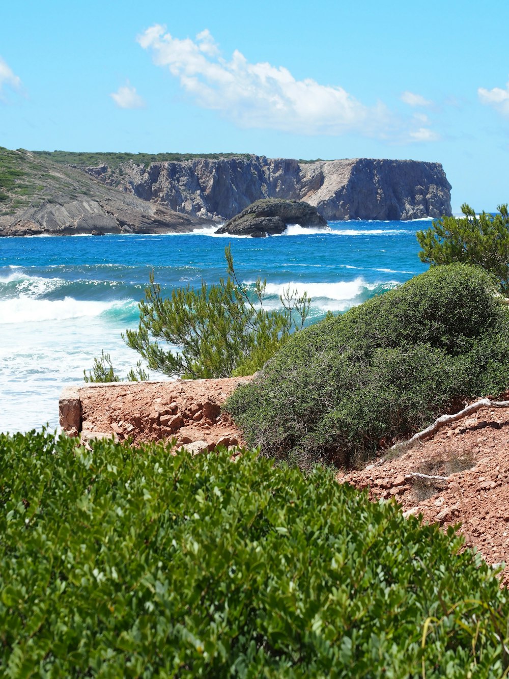 uma praia rochosa com um grande corpo de água ao fundo