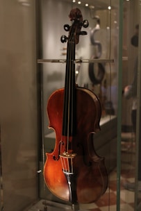 A classical wooden violin is displayed in a glass case, positioned upright with its strings and f-holes visible. The violin features a rich brown finish, and its craftsmanship is highlighted by the warm lighting in the exhibition setting. The background is softly blurred, focusing attention on the instrument.