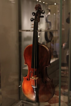 A classical wooden violin is displayed in a glass case, positioned upright with its strings and f-holes visible. The violin features a rich brown finish, and its craftsmanship is highlighted by the warm lighting in the exhibition setting. The background is softly blurred, focusing attention on the instrument.