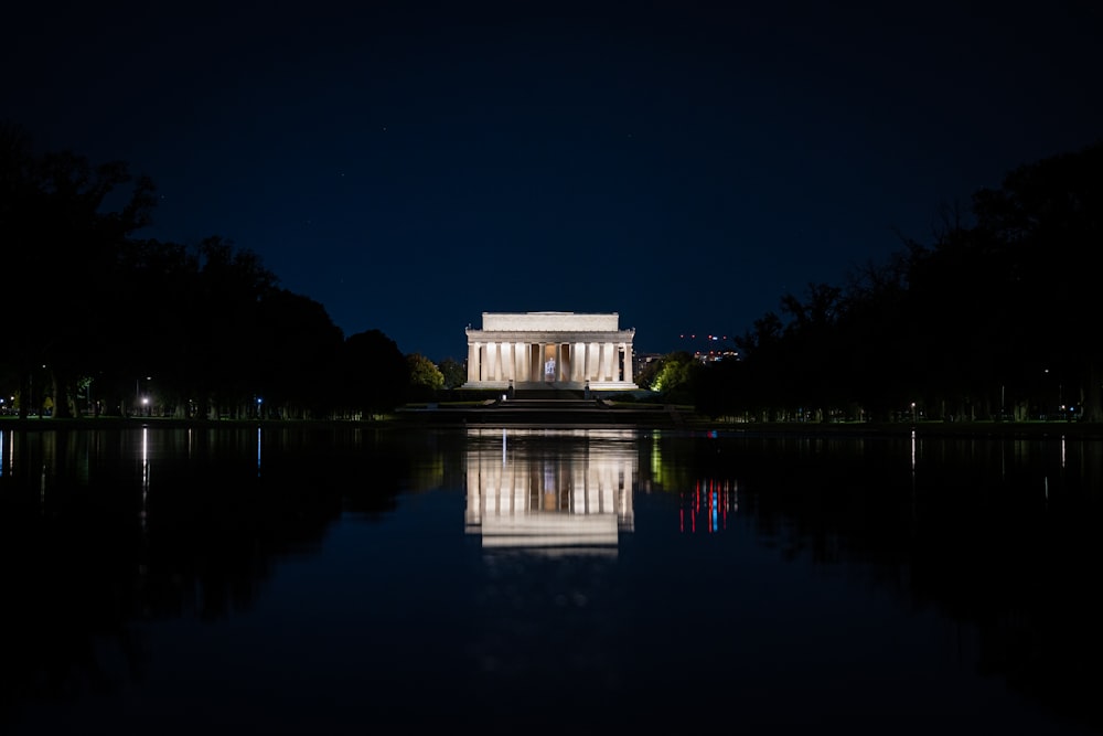 a building with lights on at night