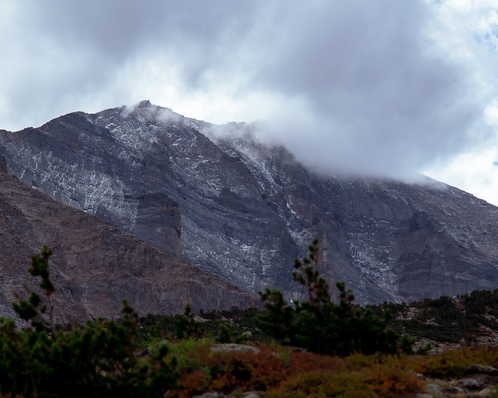 a mountain with trees and clouds