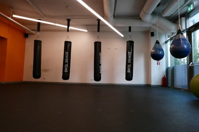 A gym room featuring several black punching bags hanging from the ceiling. Two blue speed bags are also visible on the right side. The room has a modern design with ceiling lights and an orange accent wall. There is a large window on the right side allowing natural light to enter.