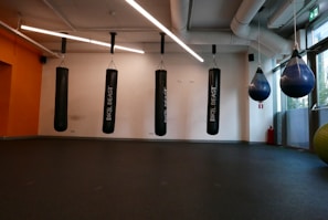A gym room featuring several black punching bags hanging from the ceiling. Two blue speed bags are also visible on the right side. The room has a modern design with ceiling lights and an orange accent wall. There is a large window on the right side allowing natural light to enter.