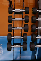 Close-up of a set of colorful adjustable dumbbells arranged neatly on a rack.
