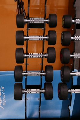 A set of durable dumbbells arranged neatly on a black rack with blue accents.