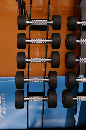 Close-up of sleek black dumbbells stacked neatly on a rack