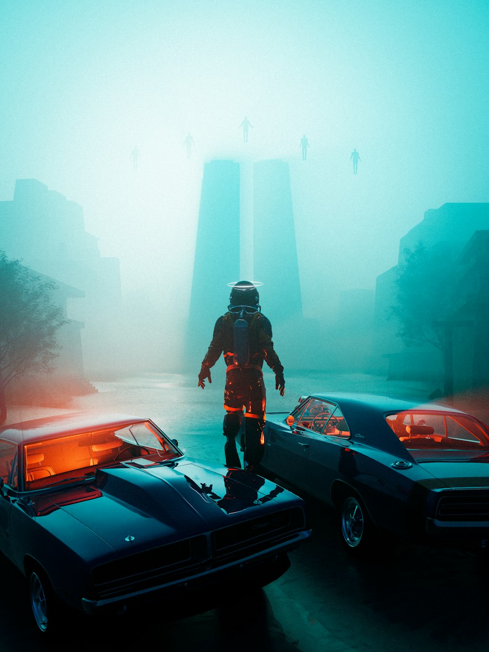 a person in a garment standing between cars in a parking lot