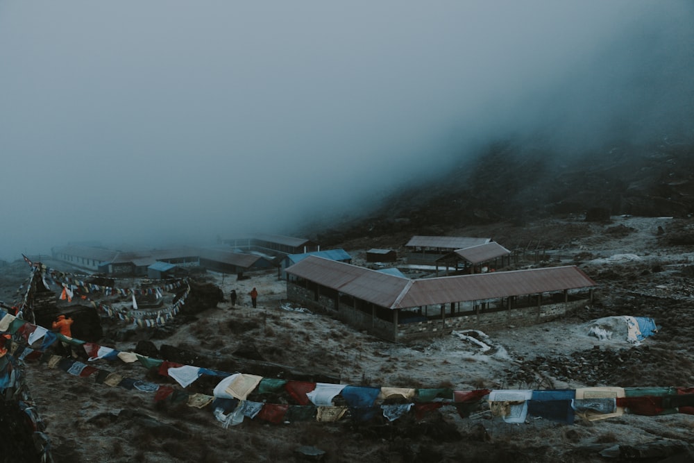 a group of tents on a beach