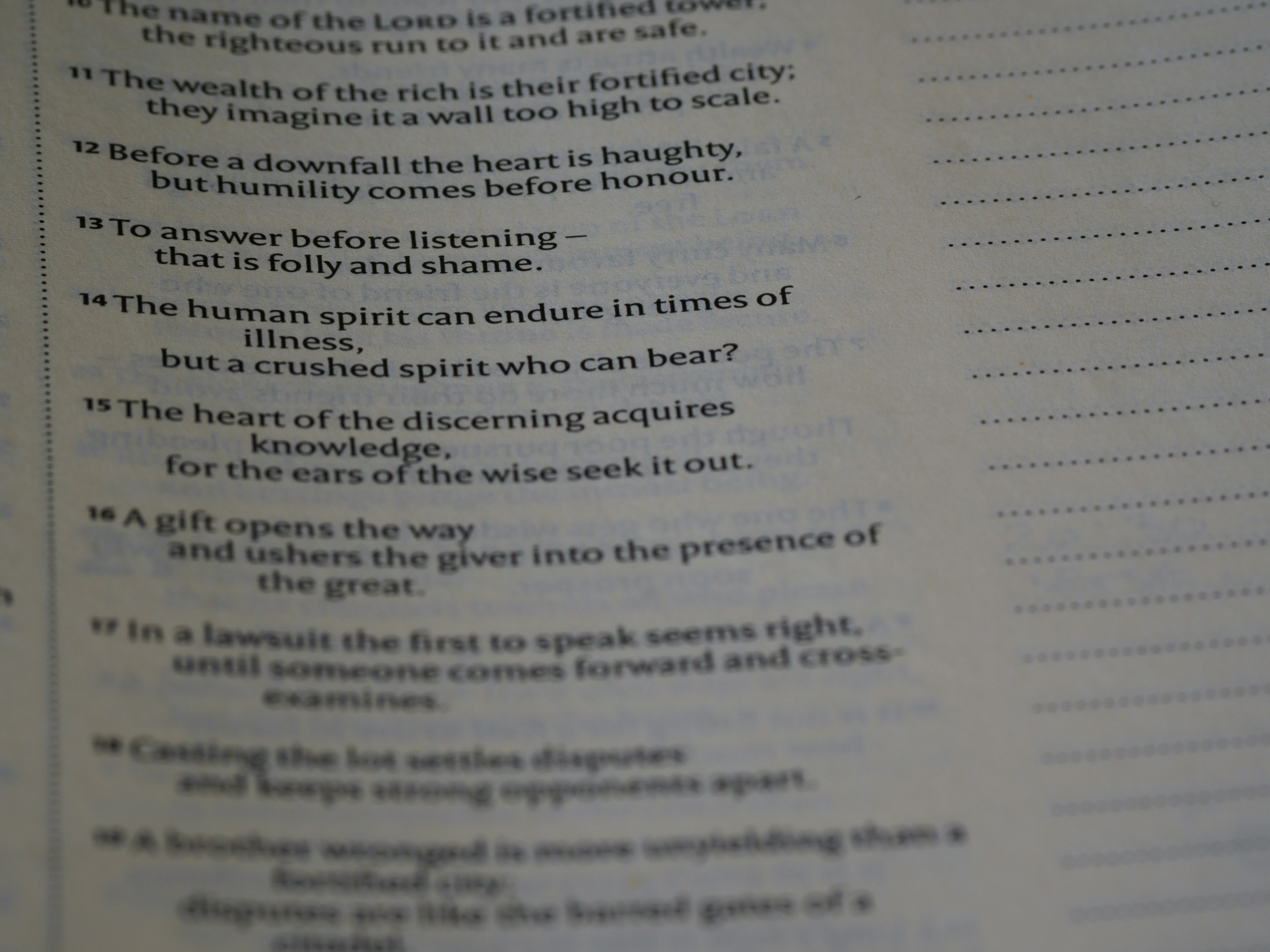 close up, bokeh, macro, blur, blurred background, close focus, bible, old testament, hebrew bible, christian, judaism, history, text, reading, bible study, devotions, text, NIV, New International Version, type, typography, canon, christianity, holy scripture, holy bible, scripture, old testament, hebrew bible, מִשְלֵי, book of proverbs, proverbs of solomon, wisdom literature, ketuvim, anthology, solomon, wisdom, sayings, mashai, folly, values, morality, proverbs, proverb, life skills, ancient wisdom, hebrew wisdom,