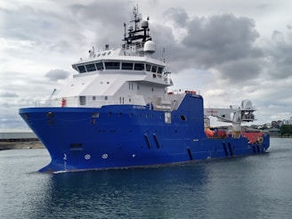 a large blue and white ship