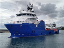 a large blue and white ship